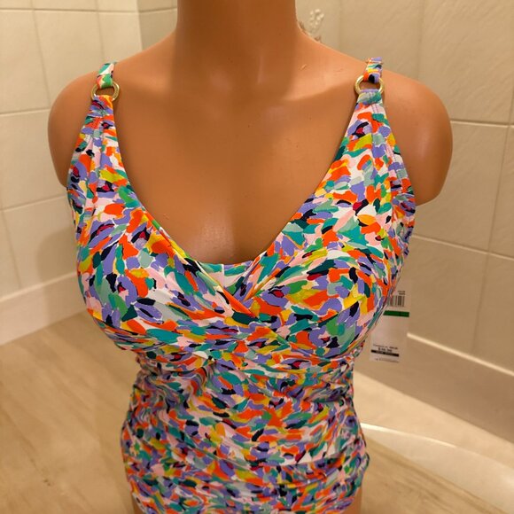 Catalina Colorful Abstract Print One Piece Swimsuit NWTs Cross Front Design - Picture 2 of 10